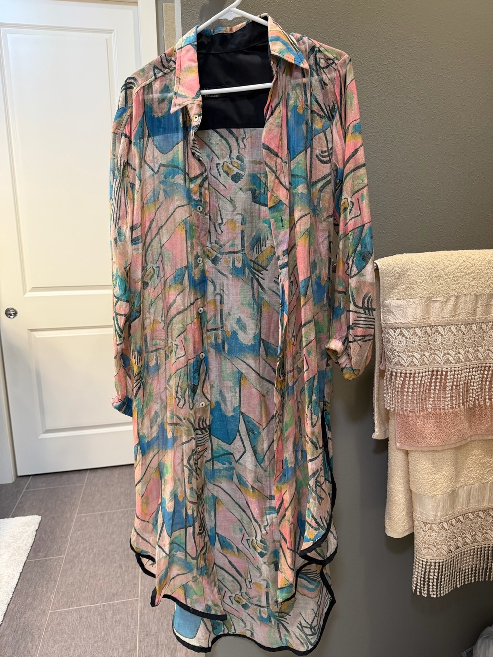 Lightweight Abstract Floral Duster & Pants- Pastel Pink & Teal- 2 Piece Set